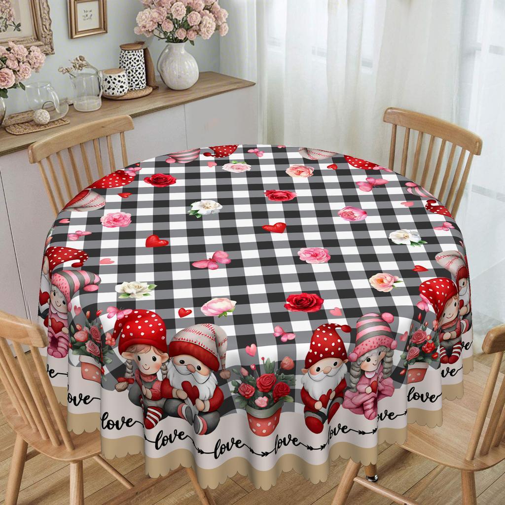 Cartoon Dwarf Plaid Shading Love Flower Round Tablecloth, Romantic Household Table Cloth, Restaurant Decoration
