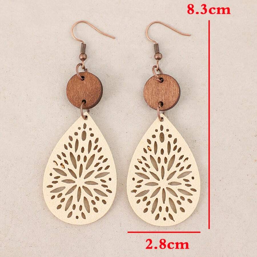 1 Paio Orecchini Pendenti Bohemien Vintage Intagliati a Intarsio in Pelle e Fetta di Legno per Donna