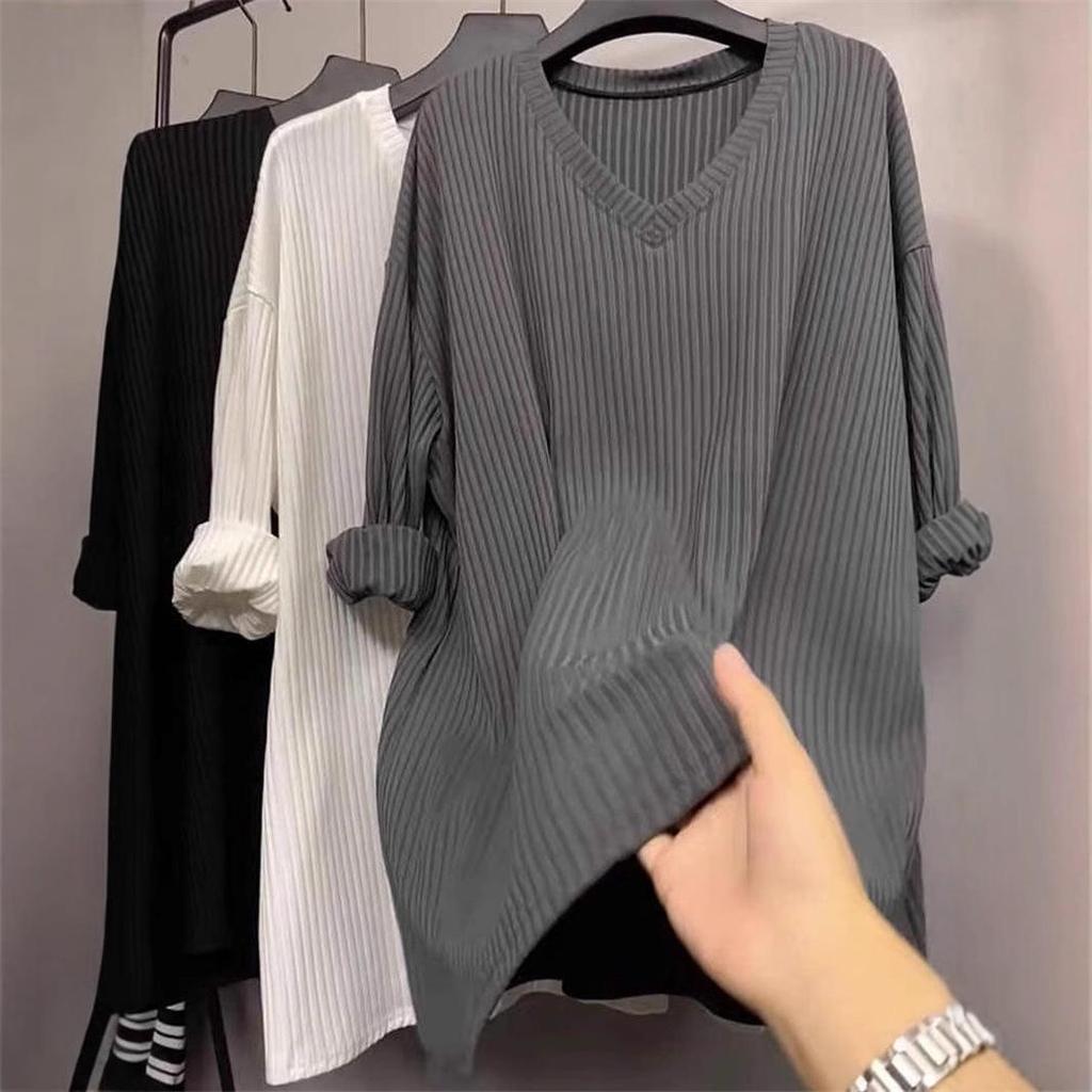 European V-Neck Long Sleeve T-Shirt for Women - Mid-Length Loose Fit for Spring, Autumn, Winter