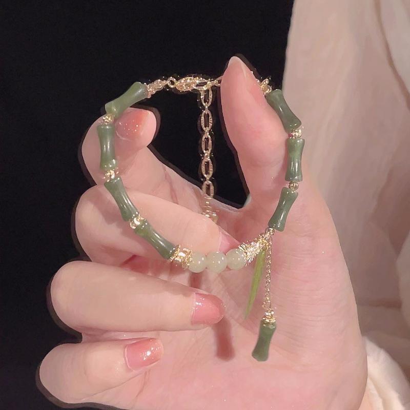 Chinese Style Retro Green Bamboo Joint Beaded Bracelet For Women's Fashion Simple Charm Alloy Leaf Bracelet Jewelry Gift