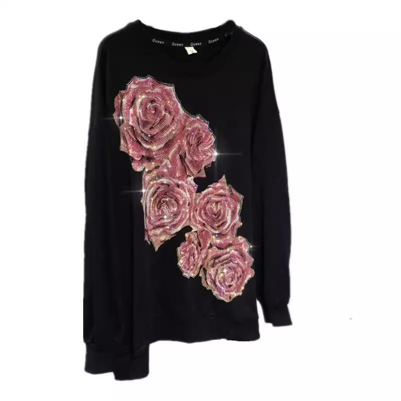 Super Large Rose Diamond Sweater: Heavyweight Slim Round Neck Pullover for Women (2-300 Lbs)