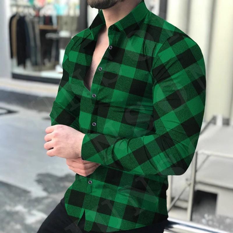 

Повседневная приталенная рубашка с отложным воротником и длинными рукавами в клетку с цифровой печатью для мужчин, повседневная рубашка с длинными рукавами 3XL