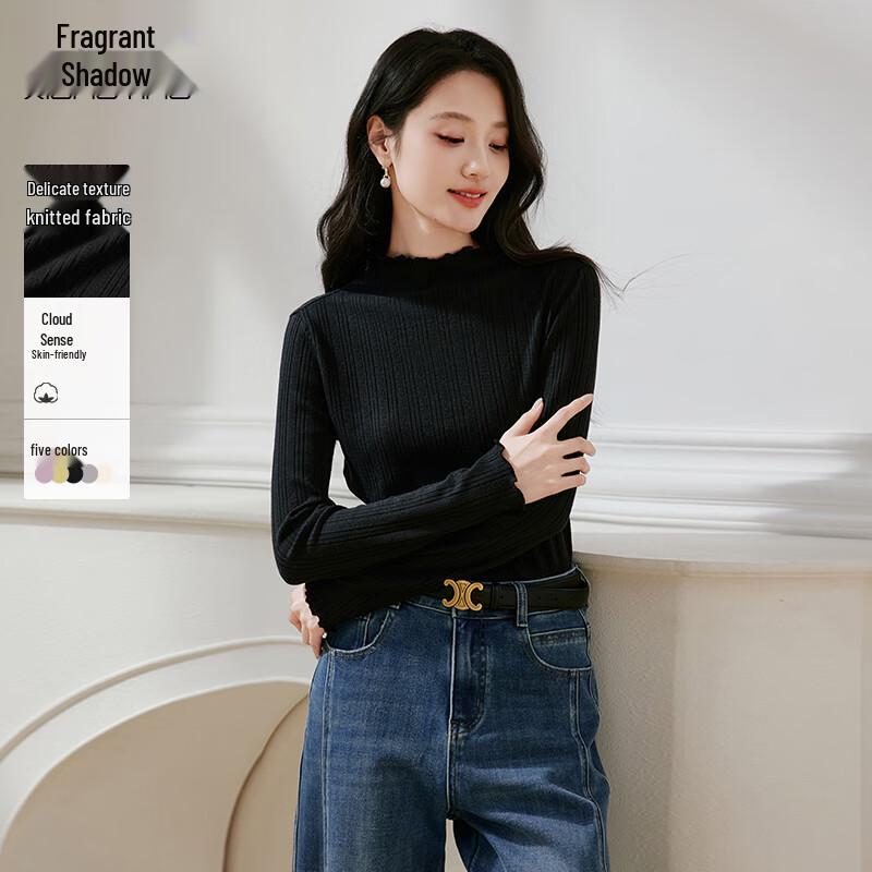 Xiangying Women s Ruffle Trim Mock Neck Knit Base Layer Top S