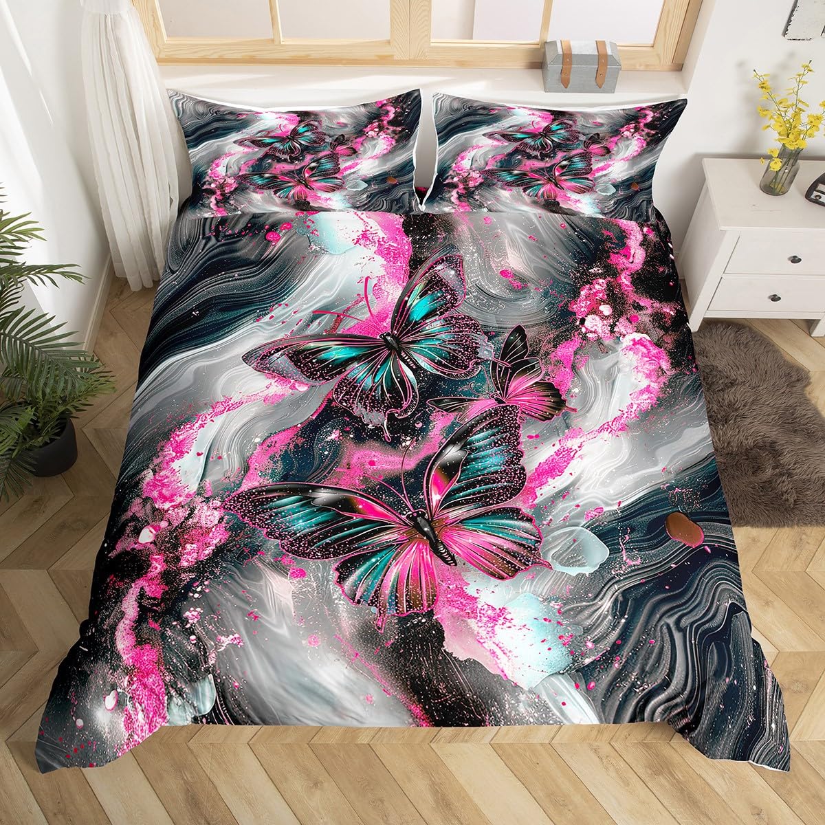 

Comforter Gradient Rainbow Marble Dreamy Butterfly Bedding Set Fullgold Marbling Comforter Abstract Ombre Ink Fluid Art Comforter (quilt)-EU Single(135*200cm)3pcs
