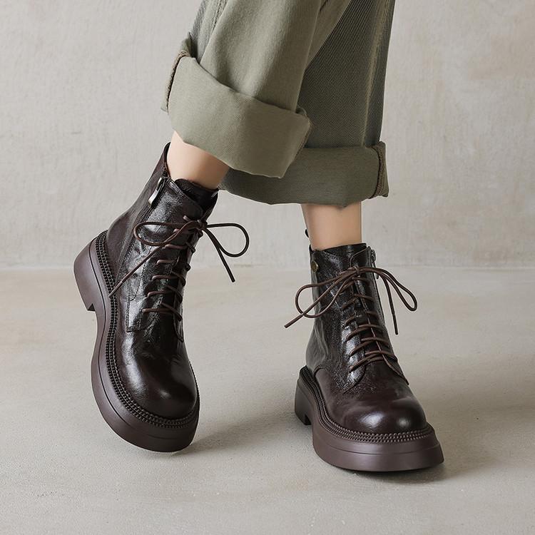 Fashion New Autumn/winter Genuine Leather Women Boots Round Toe Shoes for Women Fashion Boots Mid Heels Lace Side Zipper Platform Boots