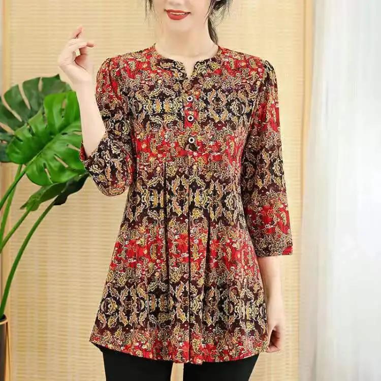 Women's Spring and Summer Loose Printed Daily Tops Middle-aged and Elderly Seven-minute Sleeve Comfortable Pullover Tops