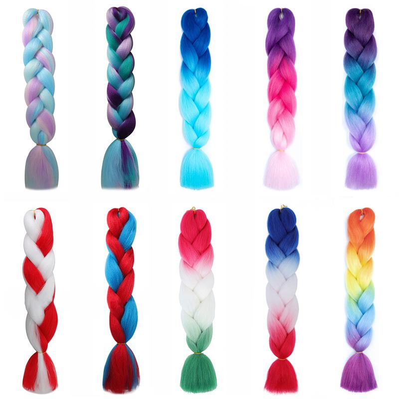 Extension de Cheveux Synthétiques à Tresser 24 Pouces Couleur Arc-en-ciel DIY Jumbo Cheveux Rose Rouge Bleu Coiffure pour Femmes