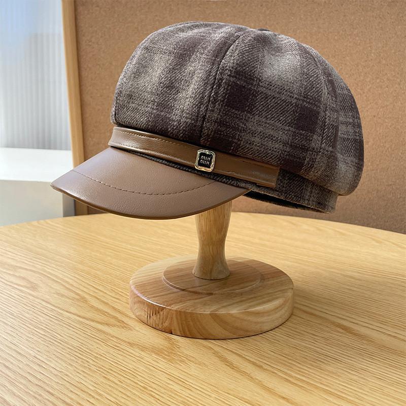 Octagonal Hat Women Autumn Winter Pu Leather Plaid Brim Casual Fashion Accessory For Travel