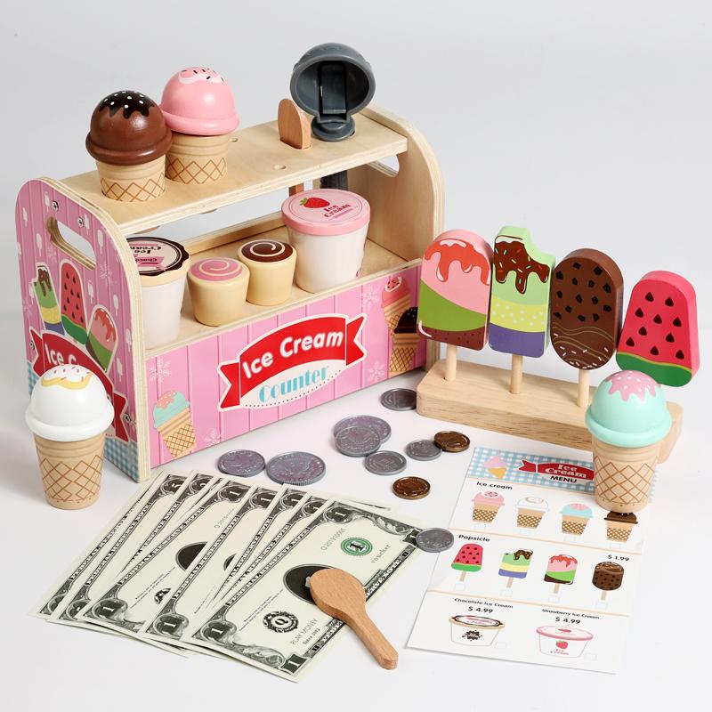 Wooden Ice Cream Counter Playset - Includes Ice Cream Cones Ice Cream Scoop And Toppings Montessori Pretend Play Food Toys Kids