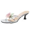 2025 Summer New Flower Stiletto Slippers Wear Open-toed One-word Slippers Silver High Heels Gentle Women's Shoes