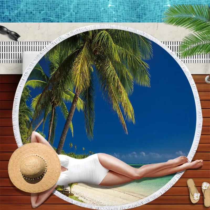 Summer Round Beach Towel Flamingo Tropical Plant With Drawstring Backpack Bag Bath Shower Towels Bikini Cover Up Pool Towel