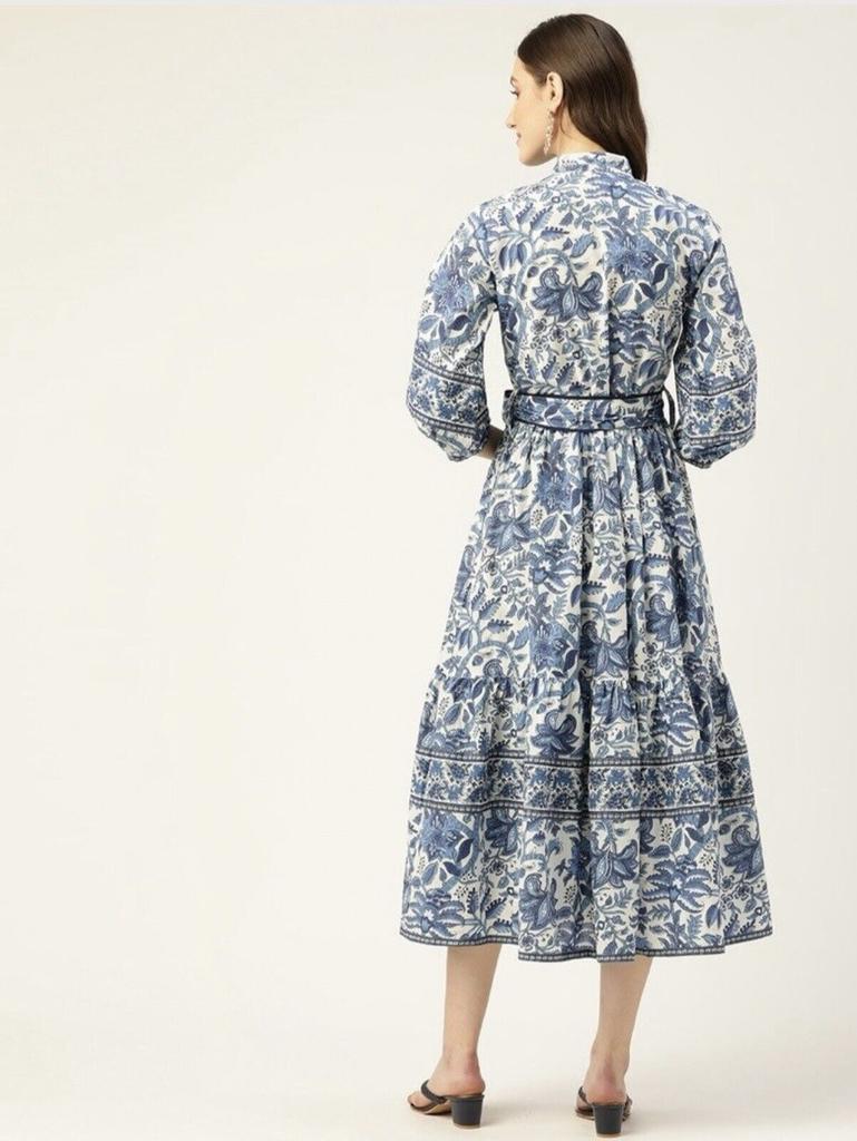 HandBlock Print Dress Jaipur Morni Cotton Summer Midi Dress Blue Cotton Shirt Dress with Belt,pockets