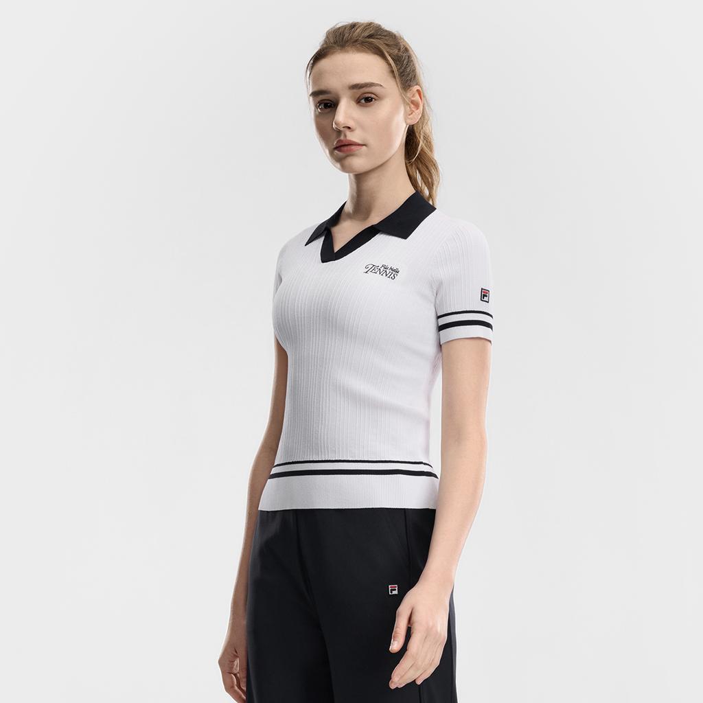 Fila Tennis Fashion Simple Classic Retro Tennis Sports Casual Versatile Comfortable Striped Knitted Short Sleeve Top Women tops A11W623401FWT