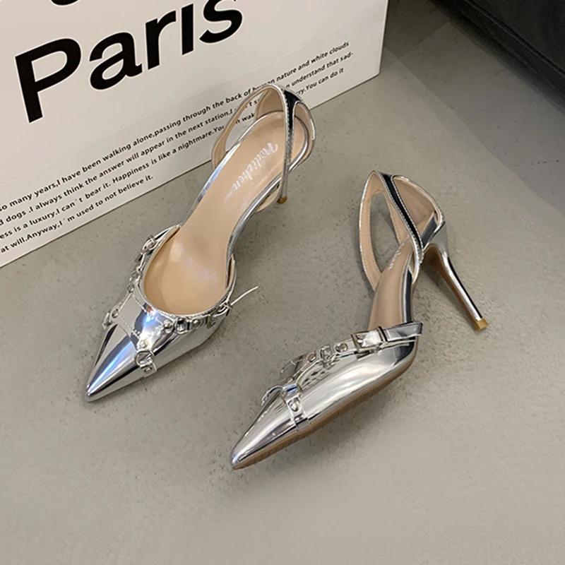 Silver High Heels Sandals Women Summer 2024 Punk Goth Pointed Toe Party Shoes Woman Metallic Thin Heeled Dress Pumps Ladies