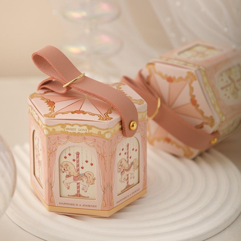 Leather Handle Carousel Gift Box Wedding Wedding with Hand Gift Decoration Wedding Candy Box
