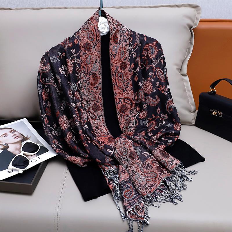 Modischer Herbst Bunter Kaschmir Schal Tuch für Damen Pashmina Blumen Muster Wickeltuch Damen Dicke Decke Weich Bufanda Halstuch