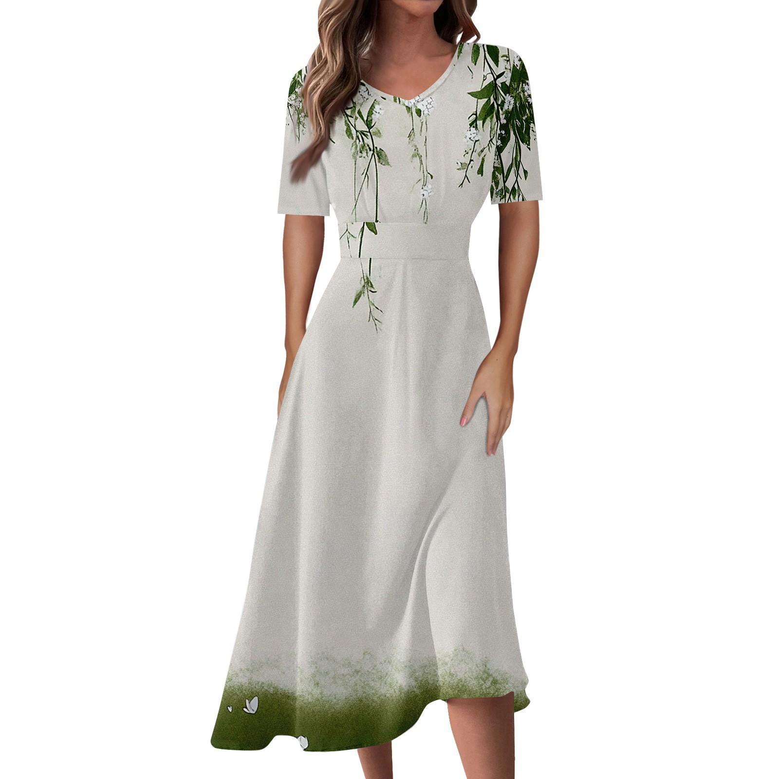 

Женская повседневная мода Цветочный (лист) Платье-халат с принтом, V-образным вырезом, короткими рукавами и длинной юбкой-халат M