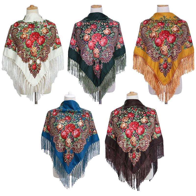 90*90Cm Ethnic Style Headscarf Square Scarves For Women Retro Peony Flower Print Fringed Shawl Handkerchief Cotton Head Wraps