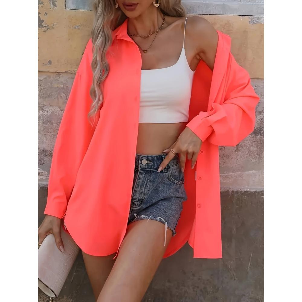 Women'S Elegant Long Sleeve Button-Up Shirt - Solid Color, Relaxed Fit, Knee-Length, Spring/Summer Casual Wear,Comfortable Wear |