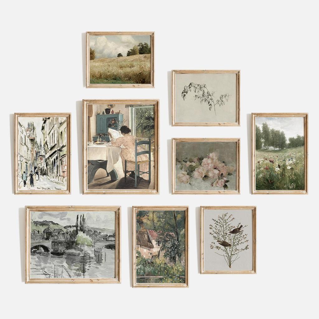 TheCanvas Vintage Wall Art Prints Set of 9, Eclectic Nature Wall Art for Living Room, French Country Landscape Painting, Gallery Wall Decor for