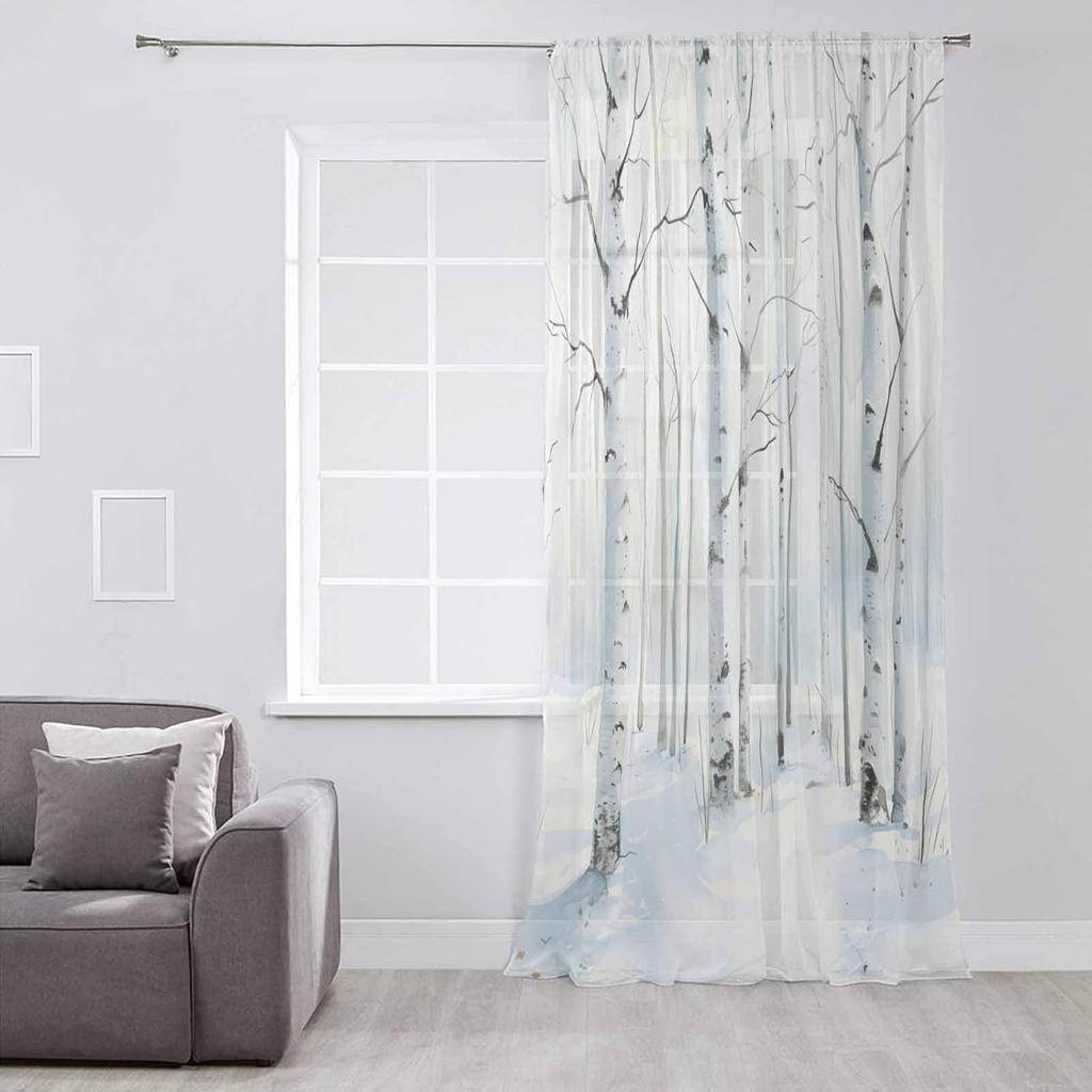 White Birch Semi Sheer Curtains Drapes for Living Room,Bedroom,French Doors Window 84 Inches Long,Watercolor Winter Snow Scenery Trees Forest Rod