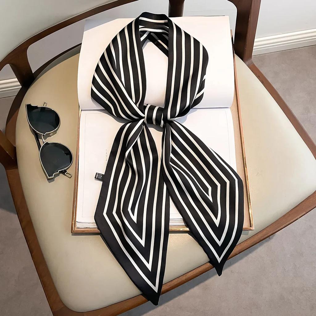 Women Narrow Thin Scarf Striped Long Silk Scarf Women Handle Bag Ribbons Multi-Function Decorative Neckerchief Hair Tie Band