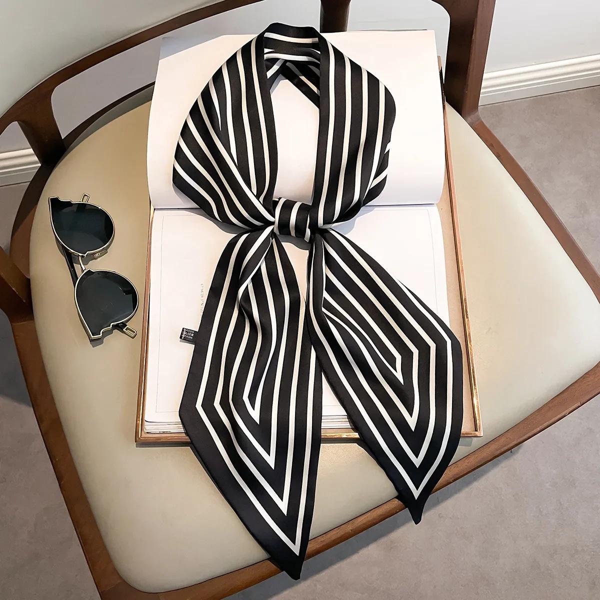 

Женский узкий тонкий шарф, длинный полосатый шелковый шарф, женская сумка с ручкой, многофункциональная декоративная шейная повязка, резинка для волос 13x145cm