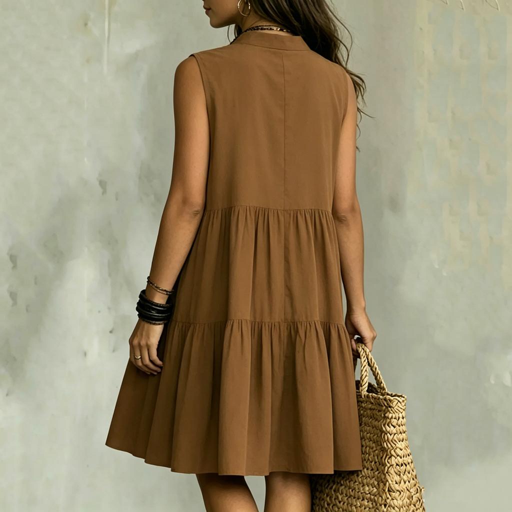 Sleeveless Button Front V Neck Loose Fit Tiered Dress Lightweight Casual Summer Dress for Women