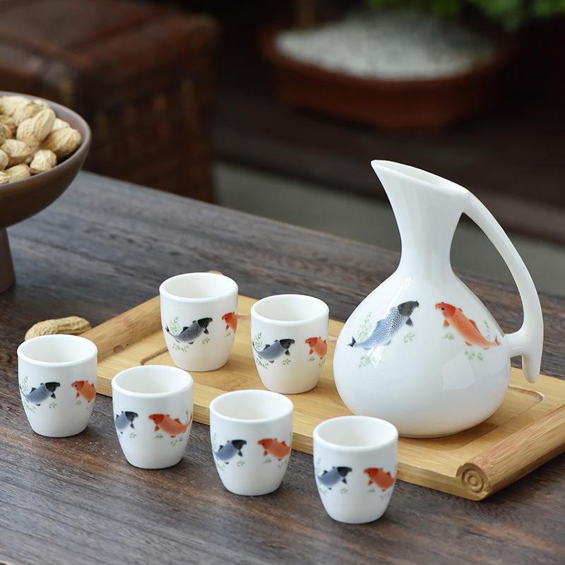 250ml Wine Dispenser Set Retro Chinese Style Ceramics Flagon Set Gift A Pot Six Cups Wine Set Peony Plum Blossom Kitchenware
