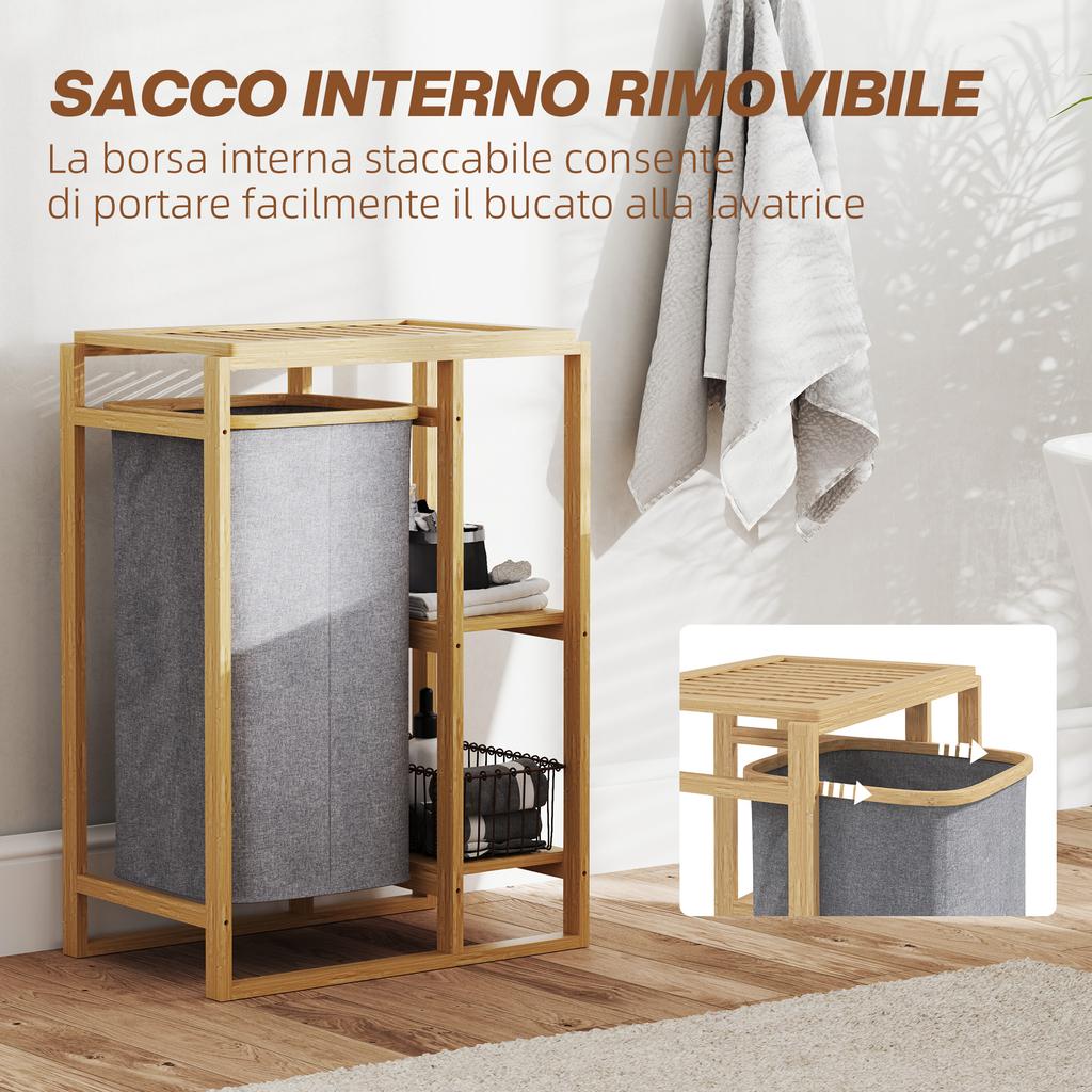 Laundry Basket with Removable Bag and Slatted Bamboo Shelves, 50x32x70 cm, Grey