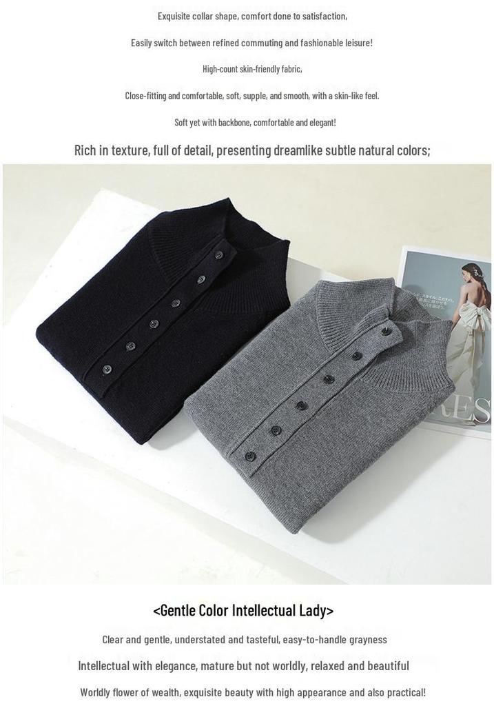 Women's 100% Wool Korean-Style Knit Sweater - Button Half-Open Stand Collar, Loose, Thickened for Autumn/Winter