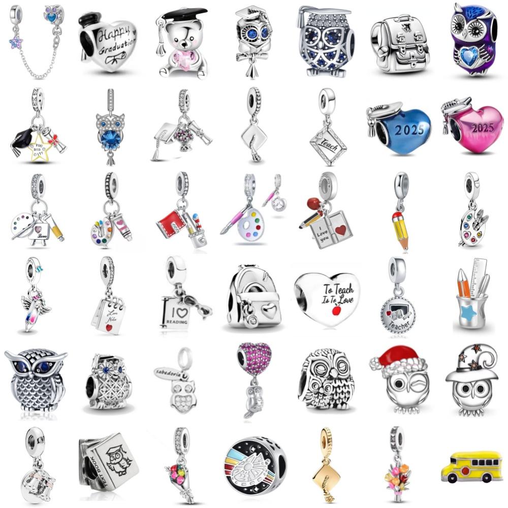 Copper Graduation Season Degree Cap Beads Owl Pendant Teacher Pen Charms Fit Original Bracelet Women Diy Jewelry Accessories