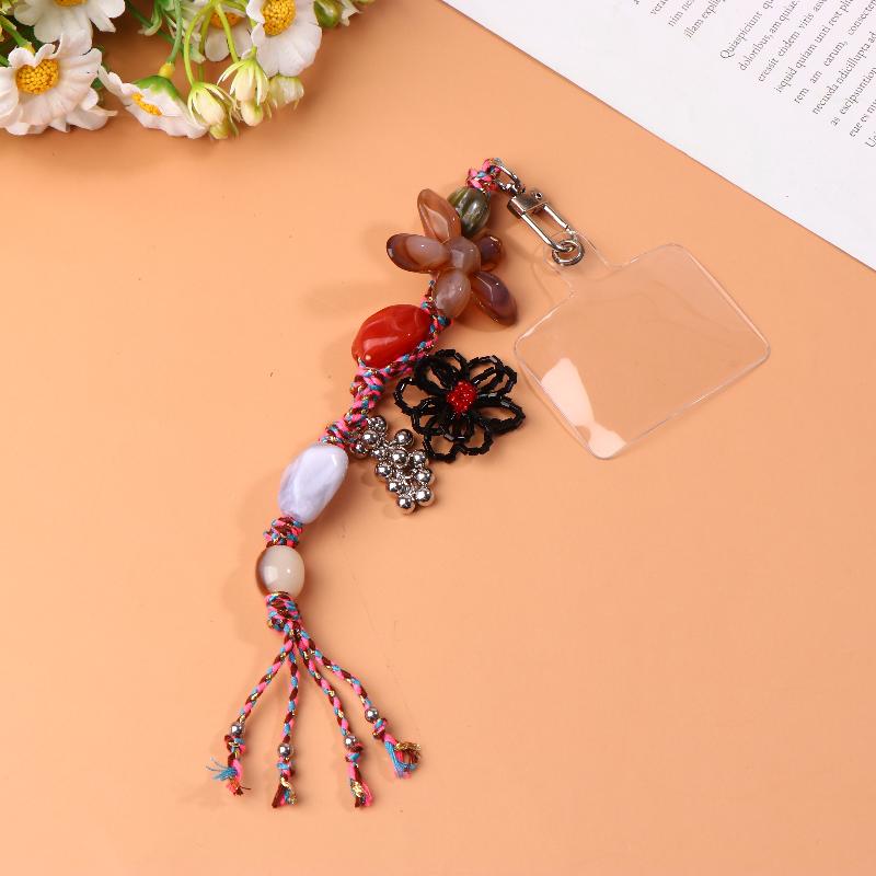 {MX} Ethnic Style Artistic Beaded Keychain Phone Lanyard Vintage Flower Pendant Bag Charm Key Hanging Decoration Gifts