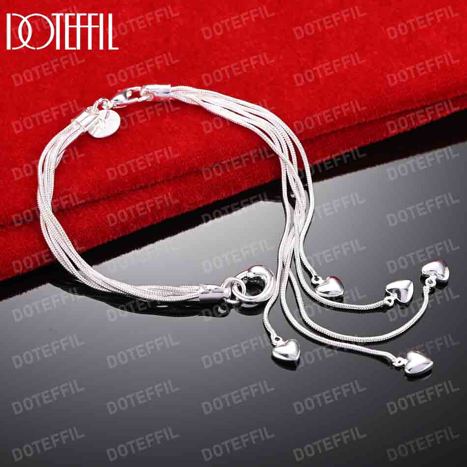 925 Sterling Silver Multi Snake Chain Heart-shaped Pendant Bracelet Fashionable Wedding Jewelry