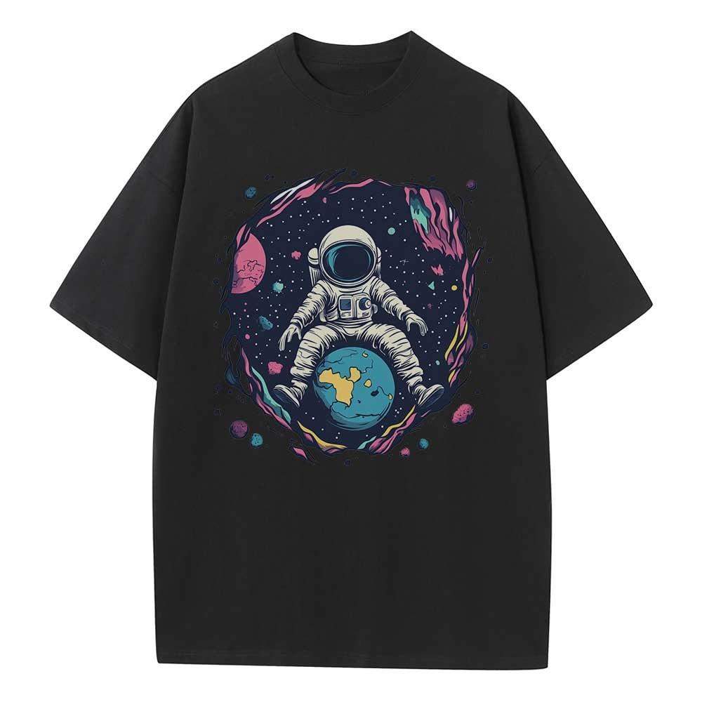 Loose T-Shirt Cotton Pattern T-Shirt Designer Clothing Space Earth Astronaut Drop Shoulder Vintage Neutral Top Versatile T-Shirt