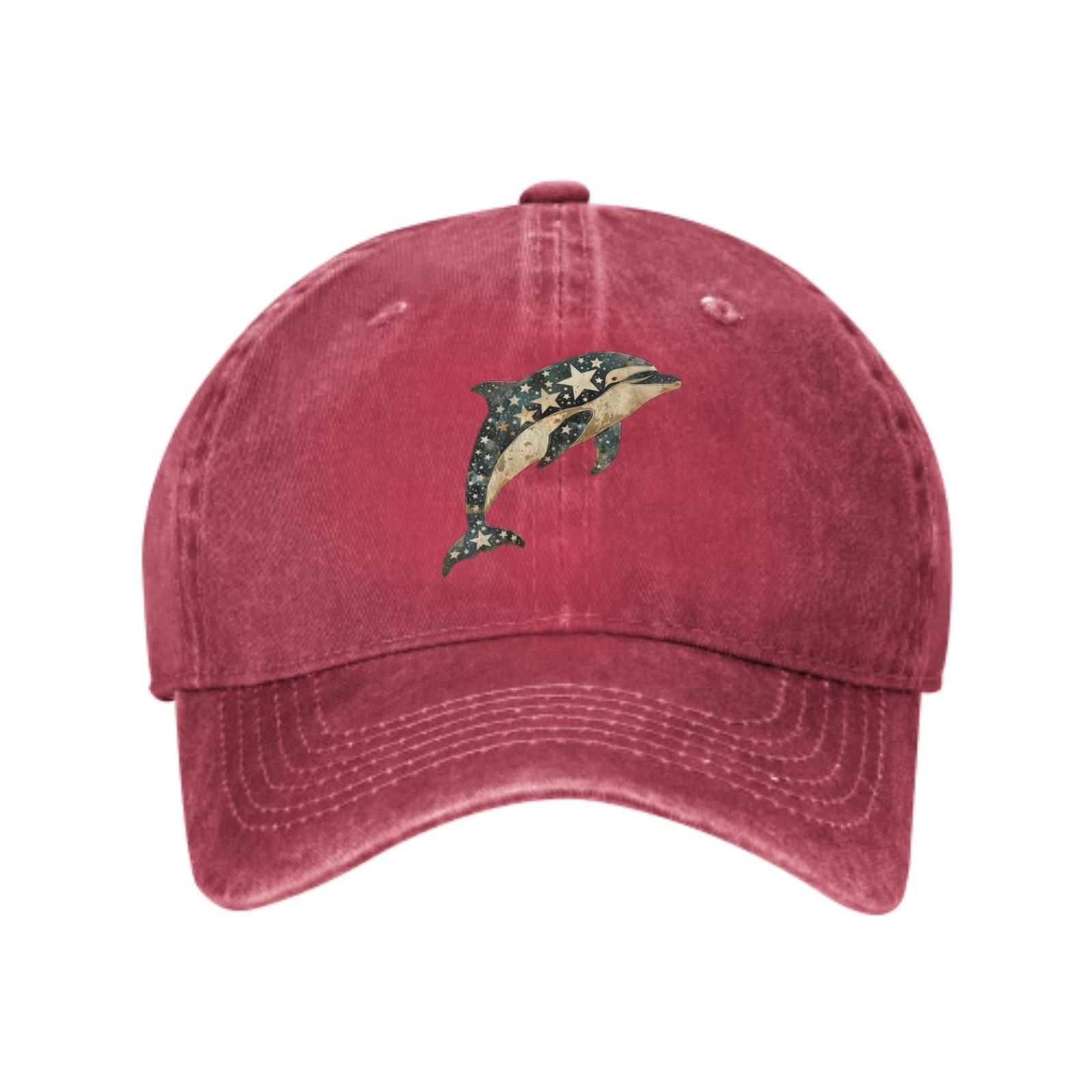 Stars Dolphin Baseball Cap Washed Cotton Adjustable Snapback Hat for Outdoor Casual One Size красный