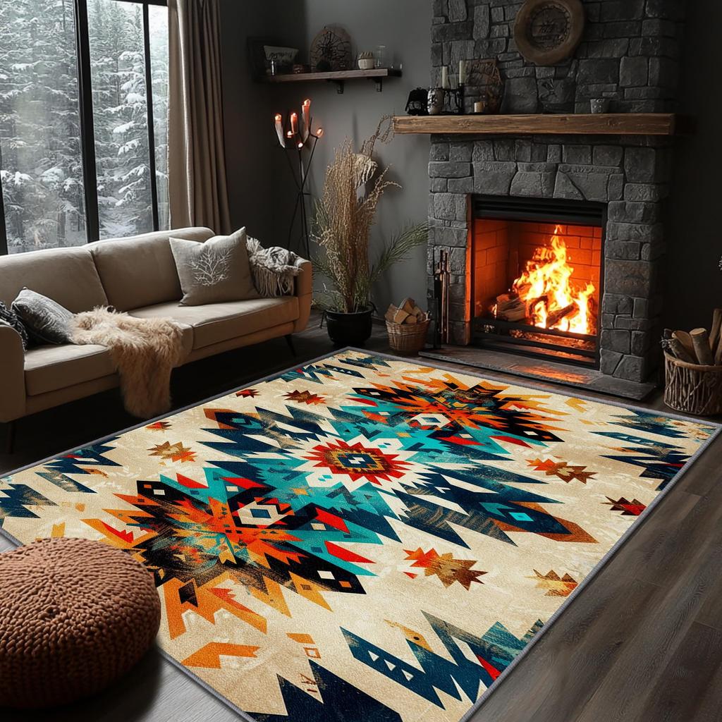 Southwestern Aztec Star Print Area Rug, Turquoise & Orange Tribal Design Non-Slip Floor Mat for Living Room Bedroom Home Decor