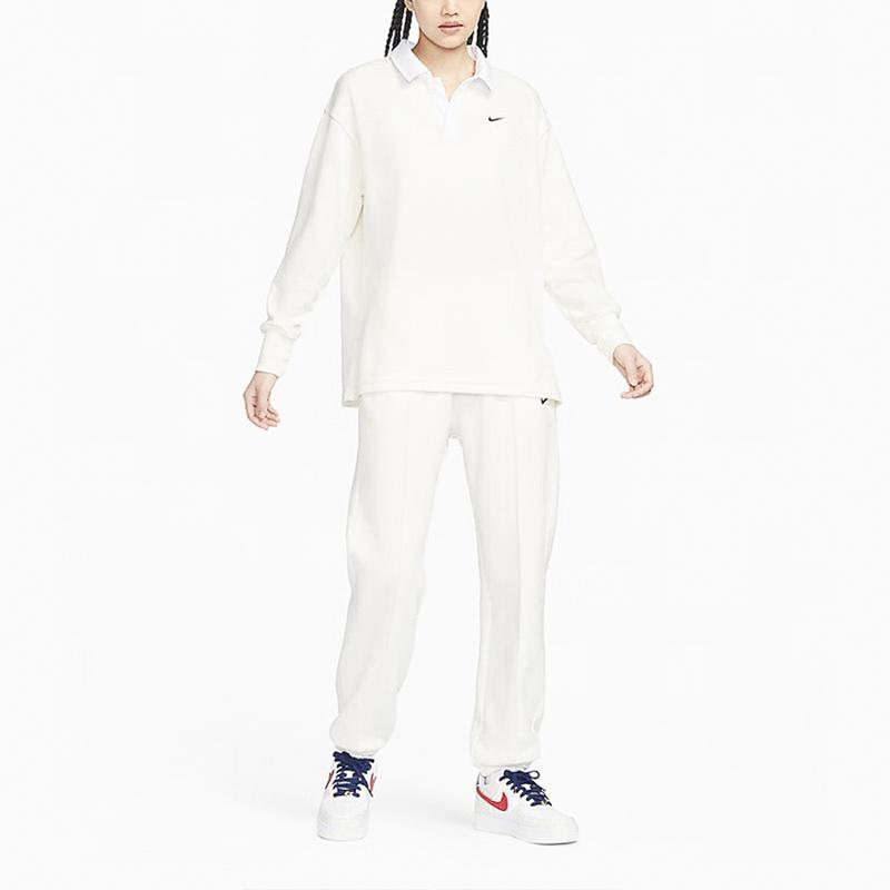 Nike Solid Color Polo Collar Loose Long Sleeve Drop Shoulder T-Shirt Women Tops White FB8721-133