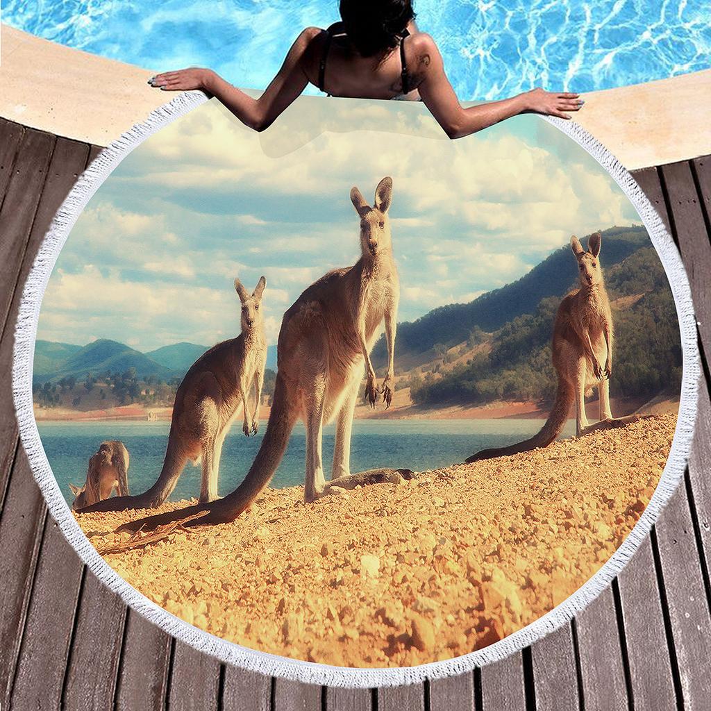 Kangaroo Round Beach Towel with Tassels, Microfiber Quick Dry Beach Blanket Sand Free Quick Dry Yoga Mat Circle Swim Pool Towel