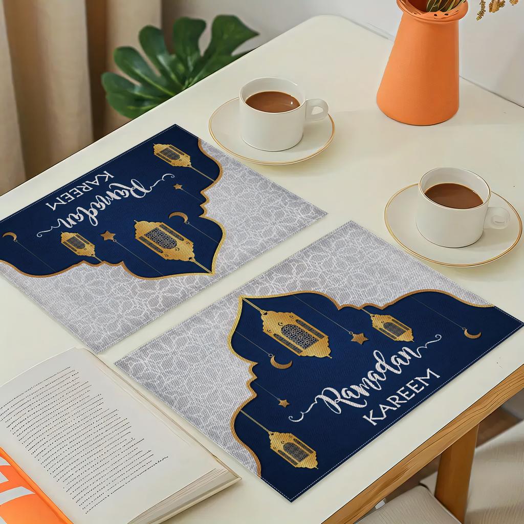 Ramadan Kareem Mubarak Linen Placemats Holiday Party Decor Navy Blue Moon Lantern Eid Al-Fitr Table Mats Ramadan Decorations