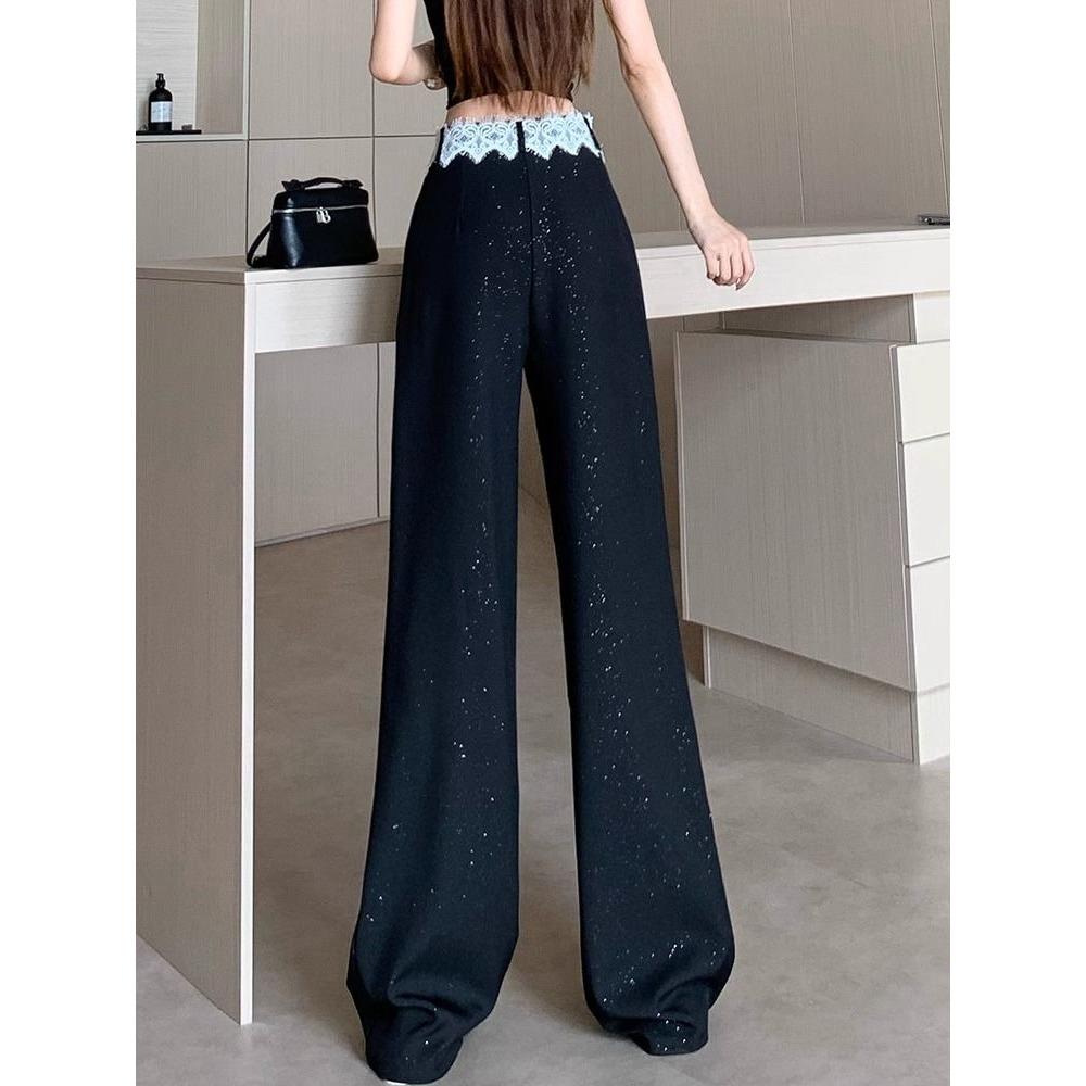 Black Lace-trimmed Casual Suit Pants Women High-waisted Loose Draping Straight-leg Wide-leg Pants That Touch the Ground