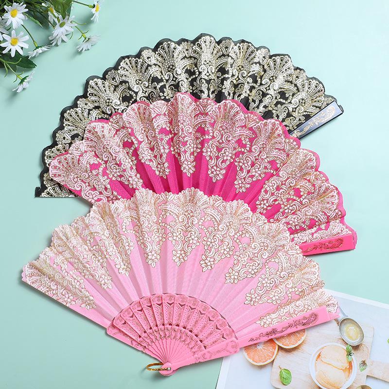 Vintage Folding Fan Chinese Style Dance Performance Hand Fans Gold Powder Plastic Fan Art Craft Gift Wedding Party Home Decor