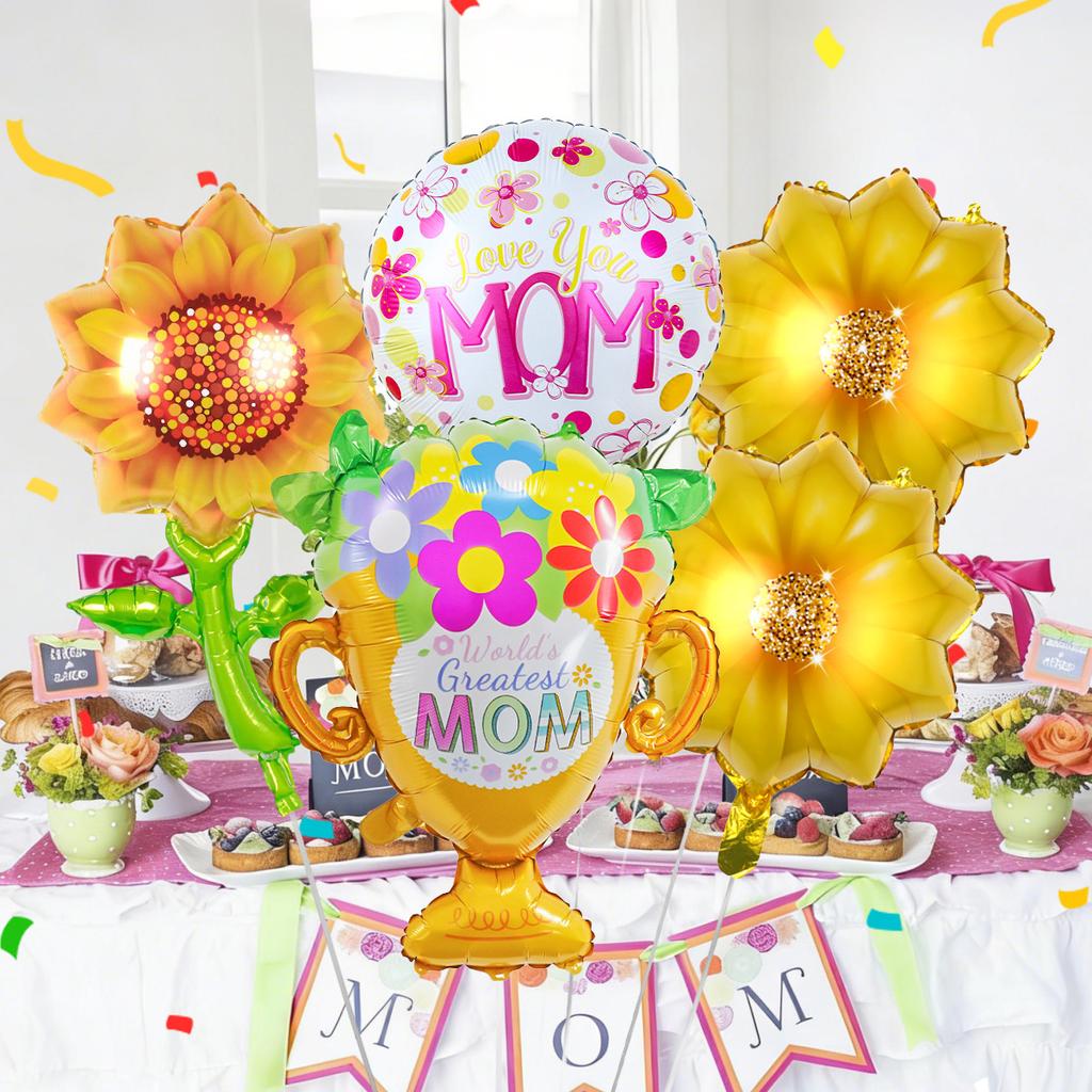 5pcs Mother's Day Decoration Balloon Set Sunflower Flower Basket Trophy Balloons Home Decor