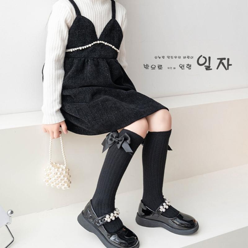 Girls Knee High Cotton Socks Big Ribbons Bow Back To School Socks, Ribbons Bows Long Socks Uniform Party Wear Stockings