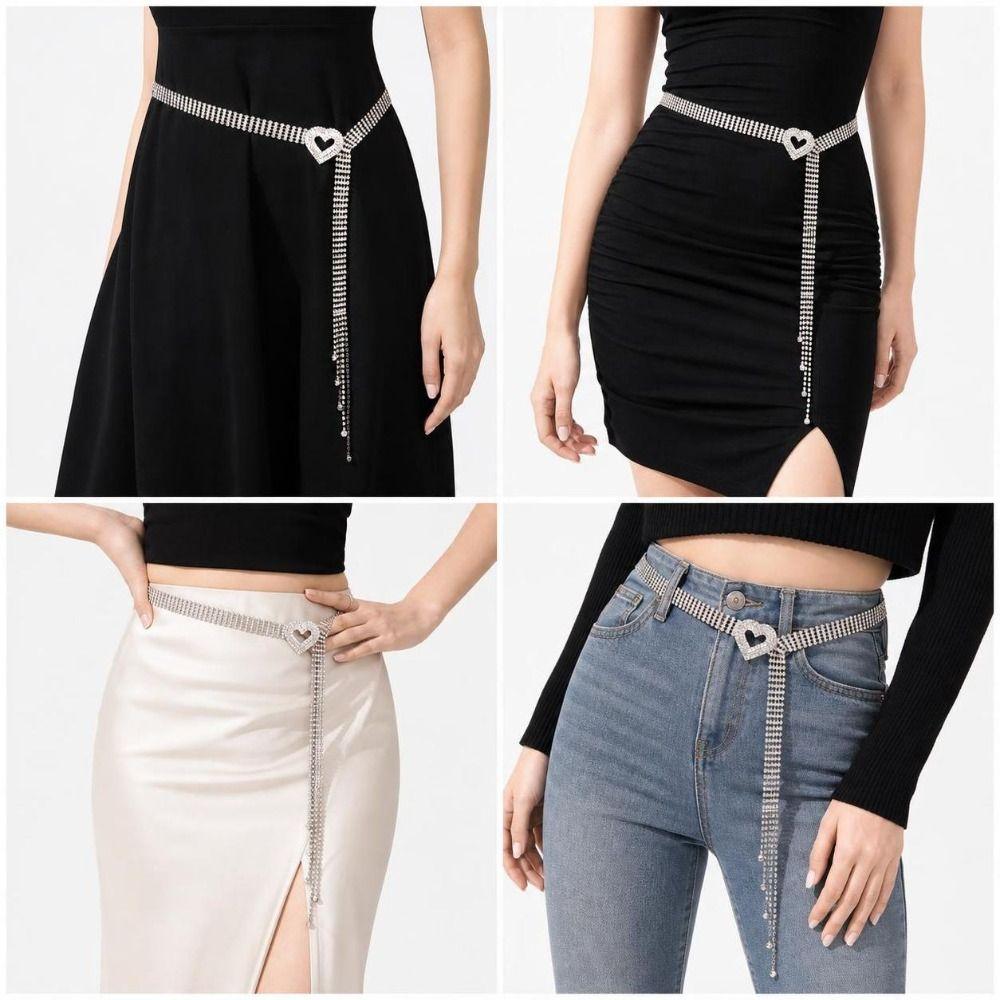 Double Heart Buckle Rhinestone Chain Belt Gold Silver Color Waist Chain Belt  Gift