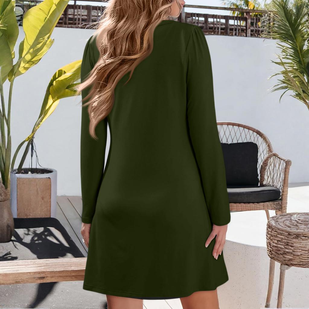 Women's Solid Color Dress Loose V-neck Casual Fashion Long Long Sleeved Dress