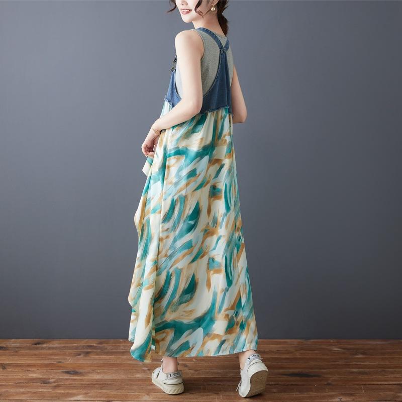 2025 summer dress new lotus leaf edge loose chiffon denim strap skirt women's design sense printing medium and long dress