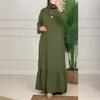 Elegant Puff Sleeve Solid Color Arabic Long Dress with Ruffles