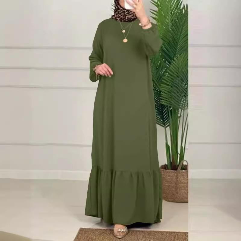 Elegant Puff Sleeve Solid Color Arabic Long Dress with Ruffles