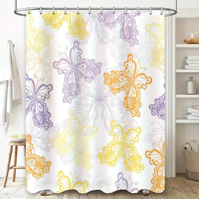 Butterfly Printed Shower Curtain Waterproof Bathroom Decor Customizable Size Yellow Purple Orange Colorful Floral Design Made Fr